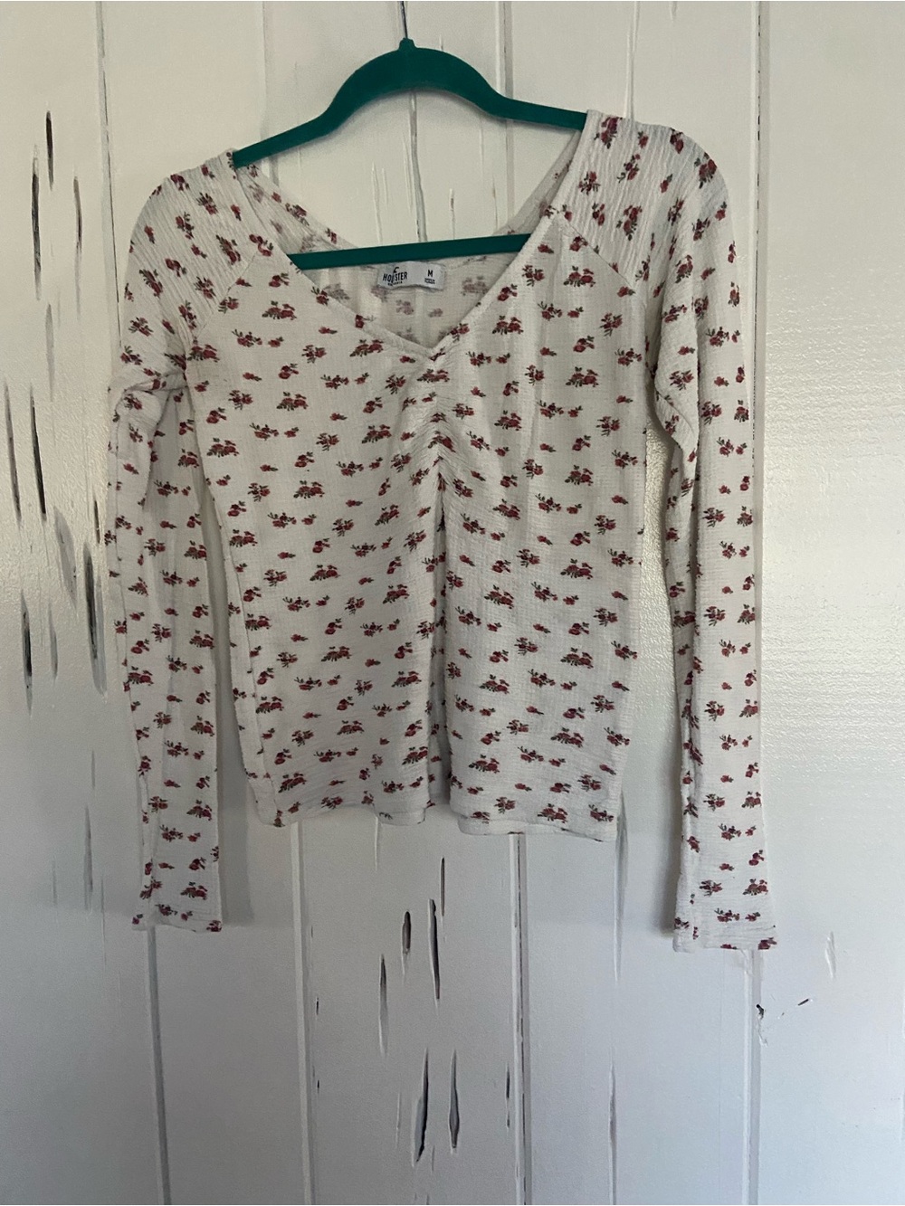 Hollister White Ribbed Long Sleeve Top with Red Floral Print